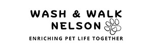 Logo, Black text on white background reading. Wash and Walk nelson. Enriching pet life together